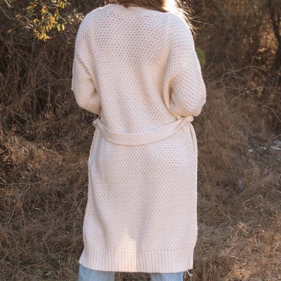 Long Knit Cardigan Sweater Belted Open Front Cozy - Picture 2 of 6